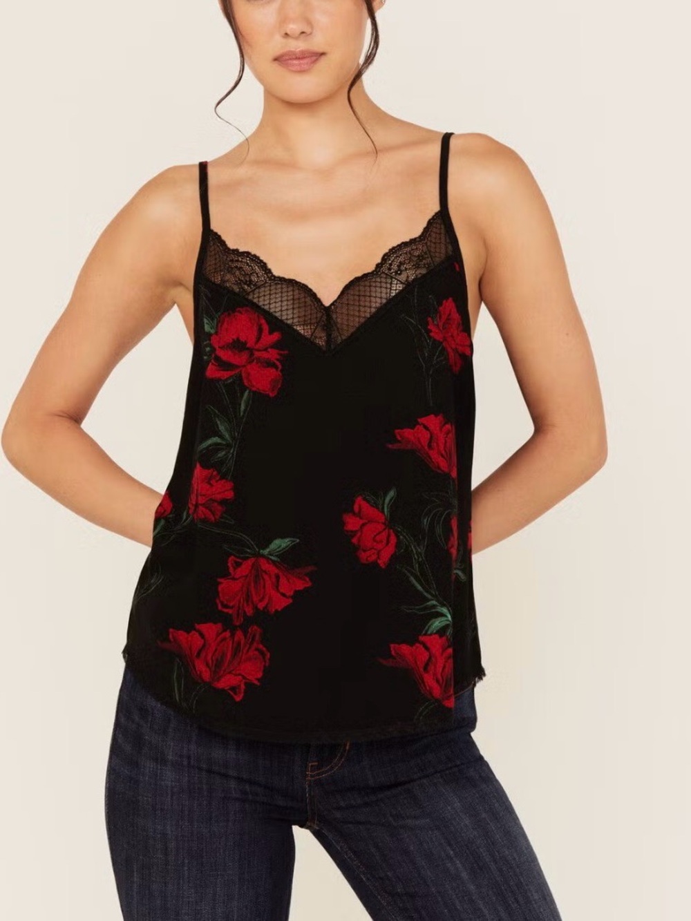 Idyllwind Black Floral Lace-Trim Cami Top